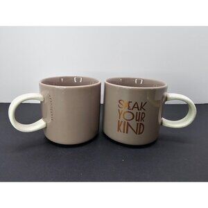 Starbucks Speak Your Kind Coffee Mug Cup 2017 Taupe Brown Gold Letters - Set of